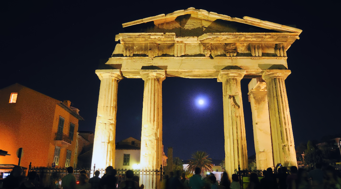 Roman agora in Athens at night with full moon