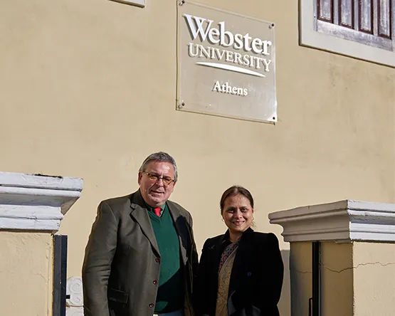 Ambassador of Bangladesh and Rector Botopoulos posing for a photo outside of Webster Athens Cultural Center