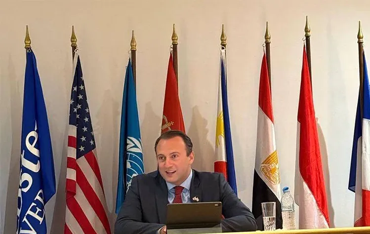 Levan Beridze, ambassador of Georgia to the Hellenic Republic, addresses Webster Athens students during the Ambassador’s Socio-Political Forum.