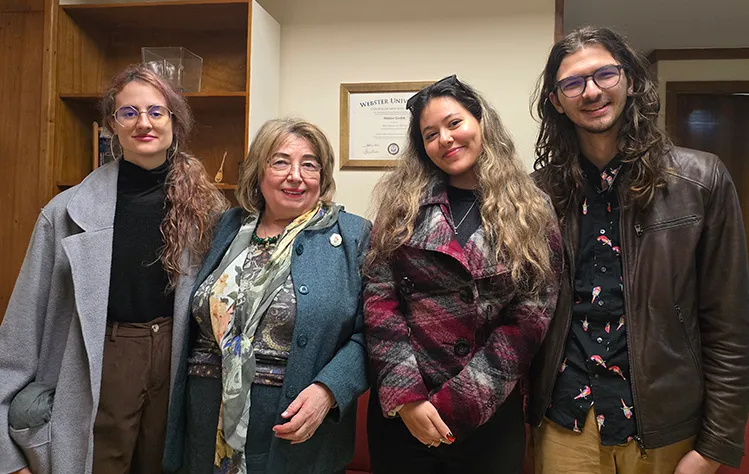 Webster Athens students Veronika Tomchani, from left, Vice Rector for Academic Affairs Dr. Susie Michailidis, Natalina Hanna, and study abroad student Brianna Neighbors pose for a photo before presenting their work to an international audience at the RAD Conference.