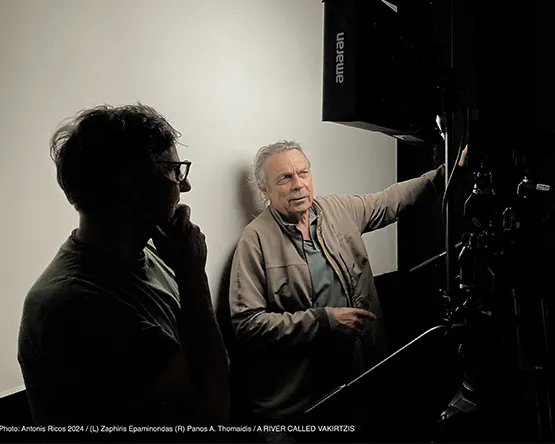 Director of Photography Zaphiris Epaminondas (left) and filmmaker Panos A. Thomaidis (right) on set during the making of A River Called Vakirtzis. 